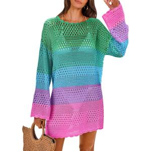 imageANRABESS Women Swimsuit Crochet Swim Cover Up 2025 Summer Bathing Suit Swimwear Mesh Knit Beach Dress Vacation OutfitsRainbow Stripe Colorful