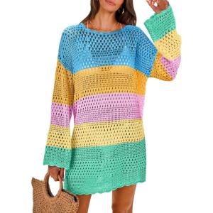 imageANRABESS Women Swimsuit Crochet Swim Cover Up 2025 Summer Bathing Suit Swimwear Mesh Knit Beach Dress Vacation OutfitsRainbow Striped