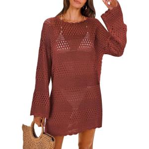 imageANRABESS Women Swimsuit Crochet Swim Cover Up 2025 Summer Bathing Suit Swimwear Mesh Knit Beach Dress Vacation OutfitsRed