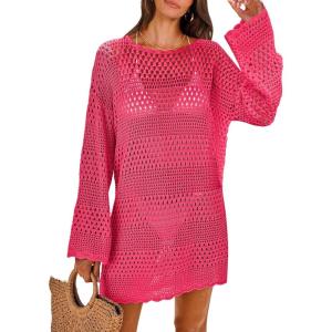 imageANRABESS Women Swimsuit Crochet Swim Cover Up 2025 Summer Bathing Suit Swimwear Mesh Knit Beach Dress Vacation OutfitsRose