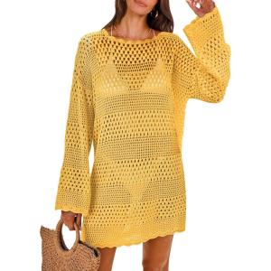 imageANRABESS Women Swimsuit Crochet Swim Cover Up 2025 Summer Bathing Suit Swimwear Mesh Knit Beach Dress Vacation OutfitsYellow