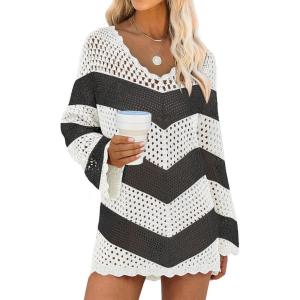 imageANRABESS Women Swimsuit Crochet Swim Cover Up Summer Bathing Suit Swimwear V Neck Mesh Knit Beach Dress 2025 Vacation OutfitsChevron Black White Stripes