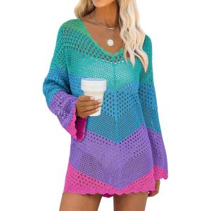 imageANRABESS Women Swimsuit Crochet Swim Cover Up Summer Bathing Suit Swimwear V Neck Mesh Knit Beach Dress 2025 Vacation OutfitsChevron Rainbow Stripes