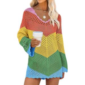 imageANRABESS Women Swimsuit Crochet Swim Cover Up Summer Bathing Suit Swimwear V Neck Mesh Knit Beach Dress 2025 Vacation OutfitsChevron Rainbow Stripes 2