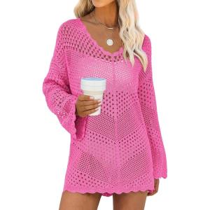 imageANRABESS Women Swimsuit Crochet Swim Cover Up Summer Bathing Suit Swimwear V Neck Mesh Knit Beach Dress 2025 Vacation OutfitsHot Pink