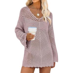 imageANRABESS Women Swimsuit Crochet Swim Cover Up Summer Bathing Suit Swimwear V Neck Mesh Knit Beach Dress 2025 Vacation OutfitsPink