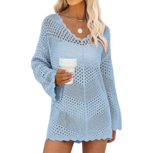 imageANRABESS Women Swimsuit Crochet Swim Cover Up Summer Bathing Suit Swimwear V Neck Mesh Knit Beach Dress 2025 Vacation OutfitsSky