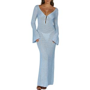 imageANRABESS Women Swimsuit Swim Crochet Cover Up Knit Bathing Suit Swimwear 2025 Summer Bodycon Beach Dress Vacation ClothesLight Blue