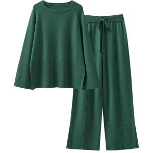 imageANRABESS Womens 2 Piece Outfits Oversized Knit Sweater Set Wide Leg Pant Cozy Lounge Matching Pajama Sets 2025 Trendy ClothesGrass Green