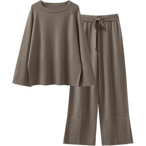 imageANRABESS Womens 2 Piece Outfits Oversized Knit Sweater Set Wide Leg Pant Cozy Lounge Matching Pajama Sets 2025 Trendy ClothesKhaki Green