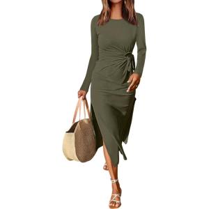 imageANRABESS Womens 2025 Fall Long Sleeve Maxi Dress Crewneck Tie Waist Slit Casual Work Long T Shirt Dresses Trendy OutfitsArmy Green
