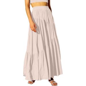 imageANRABESS Womens Boho Elastic High Waist Pleated ALine Flowy Swing Asymmetric Tiered Maxi Long Skirt Dress with PocketsApricort