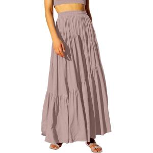 imageANRABESS Womens Boho Elastic High Waist Pleated ALine Flowy Swing Asymmetric Tiered Maxi Long Skirt Dress with PocketsBrown