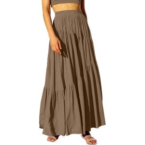 imageANRABESS Womens Boho Elastic High Waist Pleated ALine Flowy Swing Asymmetric Tiered Maxi Long Skirt Dress with PocketsCoffee