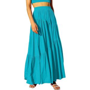 imageANRABESS Womens Boho Elastic High Waist Pleated ALine Flowy Swing Asymmetric Tiered Maxi Long Skirt Dress with PocketsCyan