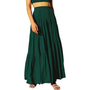 imageANRABESS Womens Boho Elastic High Waist Pleated ALine Flowy Swing Asymmetric Tiered Maxi Long Skirt Dress with PocketsDeep Green