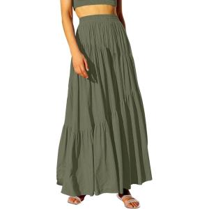 imageANRABESS Womens Boho Elastic High Waist Pleated ALine Flowy Swing Asymmetric Tiered Maxi Long Skirt Dress with PocketsGreen