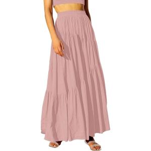 imageANRABESS Womens Boho Elastic High Waist Pleated ALine Flowy Swing Asymmetric Tiered Maxi Long Skirt Dress with PocketsPink
