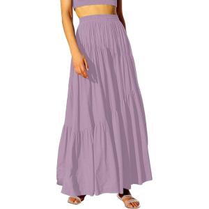 imageANRABESS Womens Boho Elastic High Waist Pleated ALine Flowy Swing Asymmetric Tiered Maxi Long Skirt Dress with PocketsPurple