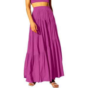 imageANRABESS Womens Boho Elastic High Waist Pleated ALine Flowy Swing Asymmetric Tiered Maxi Long Skirt Dress with PocketsRose