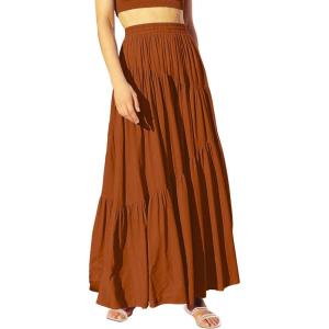 imageANRABESS Womens Boho Elastic High Waist Pleated ALine Flowy Swing Asymmetric Tiered Maxi Long Skirt Dress with PocketsRust