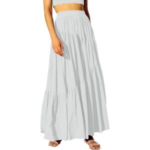 imageANRABESS Womens Boho Elastic High Waist Pleated ALine Flowy Swing Asymmetric Tiered Maxi Long Skirt Dress with PocketsWhite
