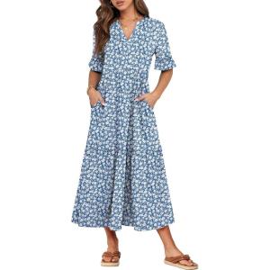 imageANRABESS Womens Casual Summer Ruffle Short Sleeve T Shirts Maxi Dress 2025 Fall V Neck Flowy Tiered Boho Beach DressesBlue White Floral