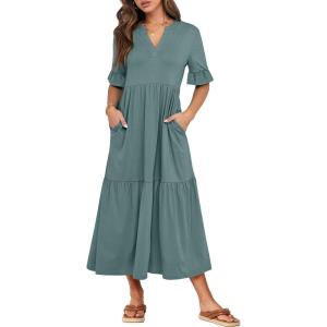 imageANRABESS Womens Casual Summer Ruffle Short Sleeve T Shirts Maxi Dress 2025 Fall V Neck Flowy Tiered Boho Beach DressesGreen