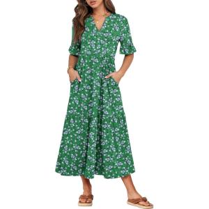 imageANRABESS Womens Casual Summer Ruffle Short Sleeve T Shirts Maxi Dress 2025 Fall V Neck Flowy Tiered Boho Beach DressesGreen Floral