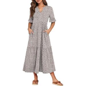 imageANRABESS Womens Casual Summer Ruffle Short Sleeve T Shirts Maxi Dress 2025 Fall V Neck Flowy Tiered Boho Beach DressesKhaki Polka Dot