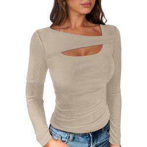 imageANRABESS Womens Cutout Tops Trendy Sexy Long Sleeve Shirts Ribbed Slim Fit Tee 2025 Fall Fashion Going Out Tshirts ClothesBeige Khaki