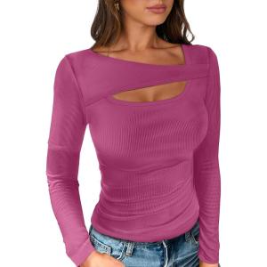 imageANRABESS Womens Cutout Tops Trendy Sexy Long Sleeve Shirts Ribbed Slim Fit Tee 2025 Fall Fashion Going Out Tshirts ClothesHot Pink