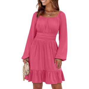 imageANRABESS Womens Dress Long Lantern Sleeve Square Neck Elastic Waist Ruffle Flowy Swing ALine Short Dresses 2025 Fall FashionHot Pink