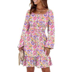 imageANRABESS Womens Dress Long Lantern Sleeve Square Neck Elastic Waist Ruffle Flowy Swing ALine Short Dresses 2025 Fall FashionMulticolor Floral