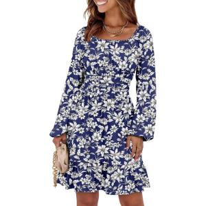 imageANRABESS Womens Dress Long Lantern Sleeve Square Neck Elastic Waist Ruffle Flowy Swing ALine Short Dresses 2025 Fall FashionNavy White Floral