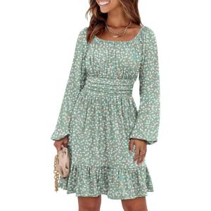 imageANRABESS Womens Dress Long Lantern Sleeve Square Neck Elastic Waist Ruffle Flowy Swing ALine Short Dresses 2025 Fall FashionPrint Orange White