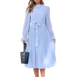 imageANRABESS Womens Floral Chiffon Midi Dress Puff Long Sleeve Mock Neck Summer Wedding Guest Party Dresses Fall 2025 OutfitsBlue