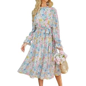imageANRABESS Womens Floral Chiffon Midi Dress Puff Long Sleeve Mock Neck Summer Wedding Guest Party Dresses Fall 2025 OutfitsFloral Blue Pink