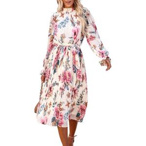 imageANRABESS Womens Floral Chiffon Midi Dress Puff Long Sleeve Mock Neck Summer Wedding Guest Party Dresses Fall 2025 OutfitsFloral Pink