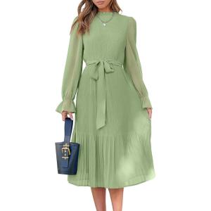 imageANRABESS Womens Floral Chiffon Midi Dress Puff Long Sleeve Mock Neck Summer Wedding Guest Party Dresses Fall 2025 OutfitsGreen