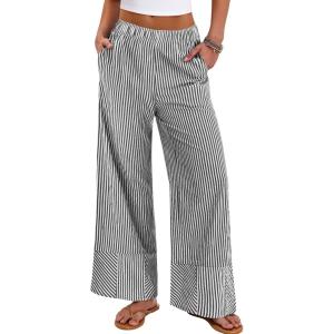 imageANRABESS Womens Gingham Striped Boxer Pants Pajama Lounge PJ Bottoms Plaid Wide Leg Casual Cute Fall Trousers with PocketsBlack White Stripe