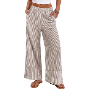 imageANRABESS Womens Gingham Striped Boxer Pants Pajama Lounge PJ Bottoms Plaid Wide Leg Casual Cute Fall Trousers with PocketsBrown White Stripe