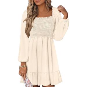 imageANRABESS Womens Long Lantern Sleeve Square Neck Dress Smocked Tiered High Waist Ruffle Flowy Swing 2025 Fall Short DressesBeige