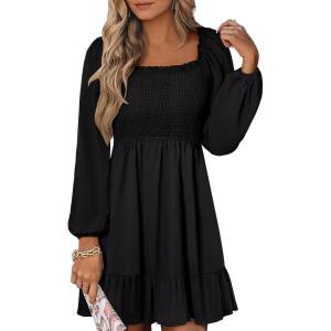 imageANRABESS Womens Long Lantern Sleeve Square Neck Dress Smocked Tiered High Waist Ruffle Flowy Swing 2025 Fall Short DressesBlack