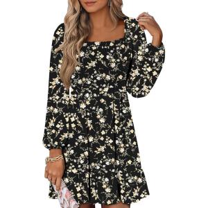 imageANRABESS Womens Long Lantern Sleeve Square Neck Dress Smocked Tiered High Waist Ruffle Flowy Swing 2025 Fall Short DressesBlack Floral