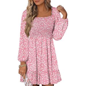 imageANRABESS Womens Long Lantern Sleeve Square Neck Dress Smocked Tiered High Waist Ruffle Flowy Swing 2025 Fall Short DressesFloral Pink