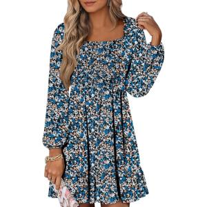 imageANRABESS Womens Long Lantern Sleeve Square Neck Dress Smocked Tiered High Waist Ruffle Flowy Swing 2025 Fall Short DressesPrint Blue White