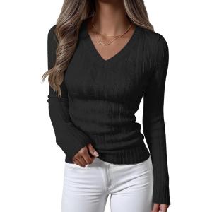 imageANRABESS Womens Long Sleeve Cable Knit Sweater 2025 Fall Fashion V Neck Fitted Pullover Top Business Casual Work Fall OutfitsBlack