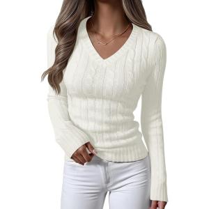 imageANRABESS Womens Long Sleeve Cable Knit Sweater 2025 Fall Fashion V Neck Fitted Pullover Top Business Casual Work Fall OutfitsCream White