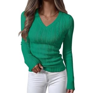 imageANRABESS Womens Long Sleeve Cable Knit Sweater 2025 Fall Fashion V Neck Fitted Pullover Top Business Casual Work Fall OutfitsGreen